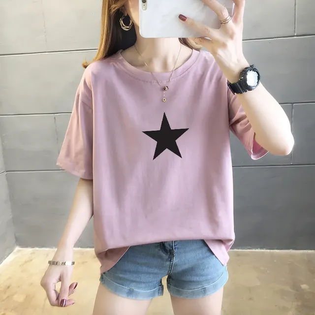 Summer New Pure Cotton Short Sleeve T shirt Women's Korean style Round Neck Printed Wear Top Lotus Root Pink - Shop at LoveMi