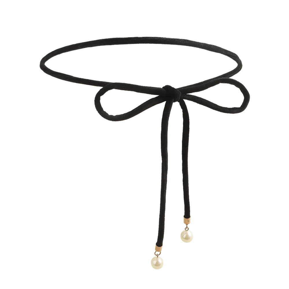 Simple Lady Velvet Bow Thin Waist With Pearl Pendant Multi-colour Cute Sweet Waist Belt Chain - Black