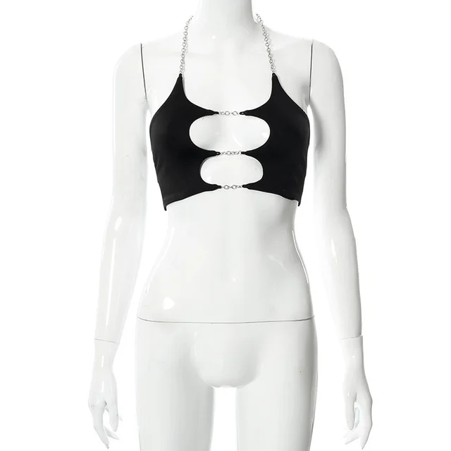 European And American Solid Color Hollow out Sleeveless Midriff baring Lace up Top Black - Shop at LoveMi