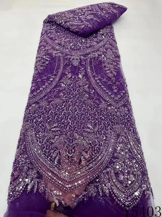 High grade Lace Beads Sequined Mesh Embroidery Fabric Purple - Shop at LoveMi