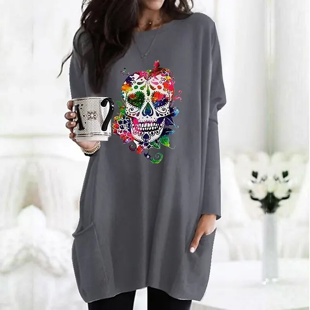Women's Fashionable Colorful Skull Printed Long sleeved T shirt 1 Style - Shop at LoveMi