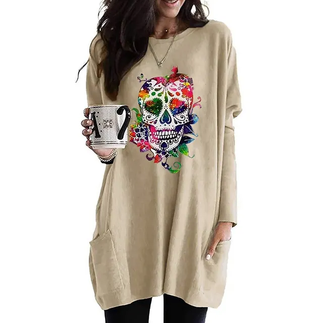 Women's Fashionable Colorful Skull Printed Long sleeved T shirt 4 Style - Shop at LoveMi