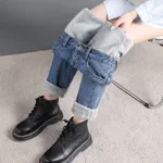 High Waist Elastic Waist Jeans - Dark Blue