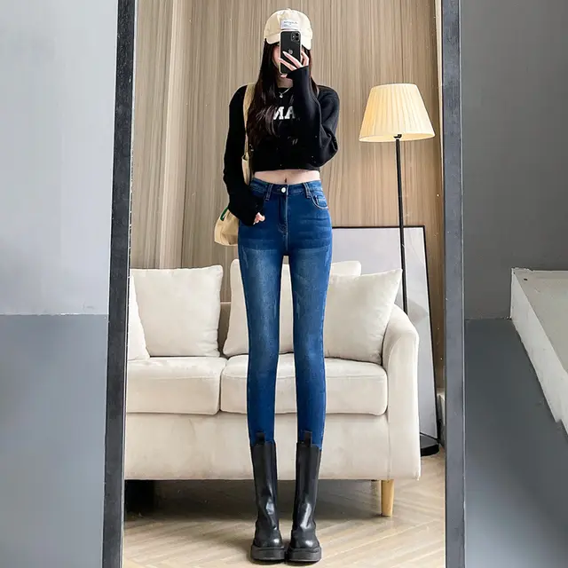 Women's High Waist Stretch Skinny Jeans Dark Blue Cropped Pants - Shop at LoveMi