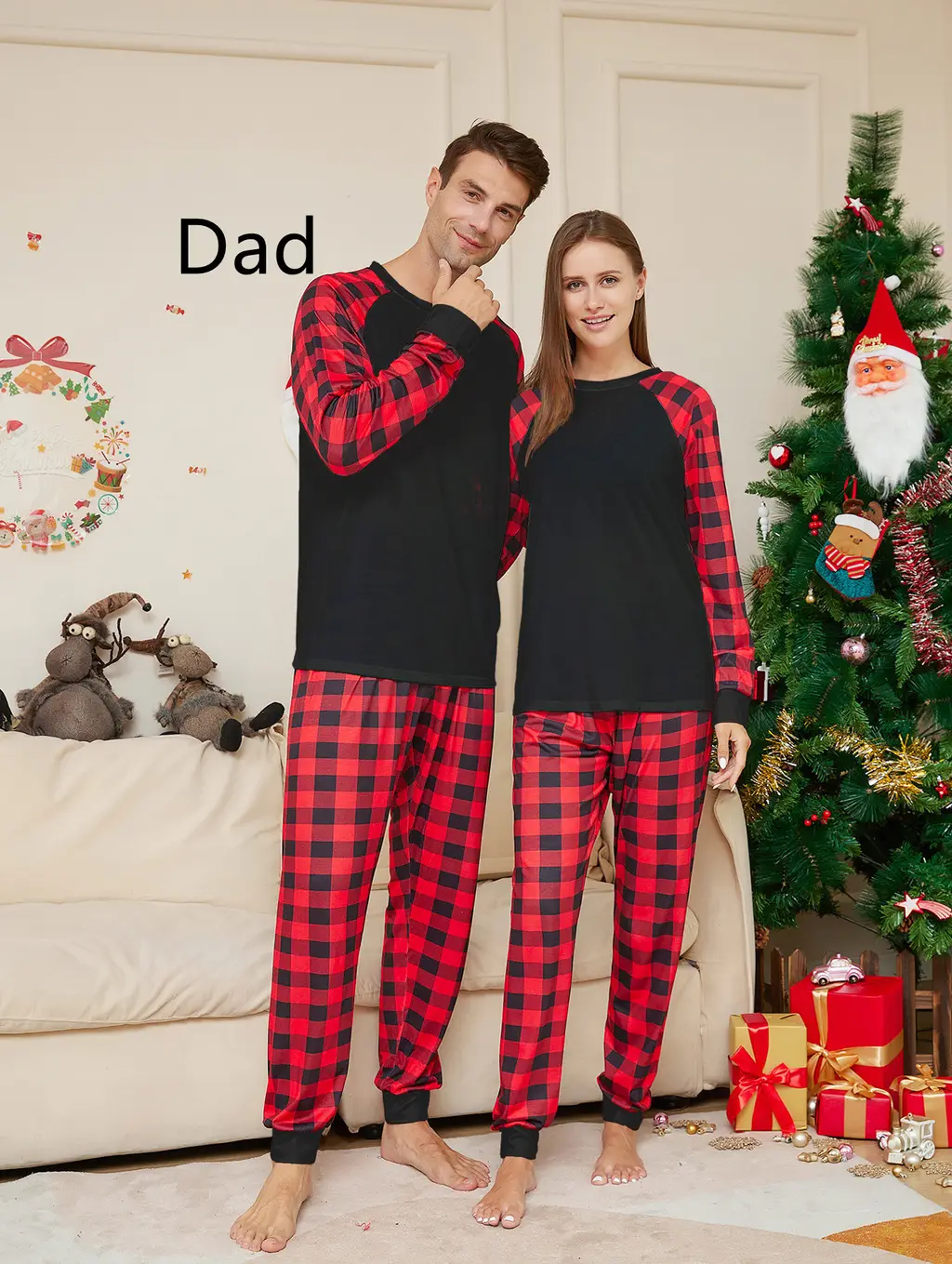 Women's Fashion Christmas Solid Colour Plaid Printed Pyjamas Set - Black