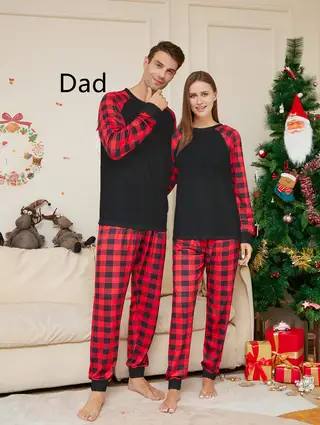 Women's Fashion Christmas Solid Color Plaid Printed Pajamas Set - Black