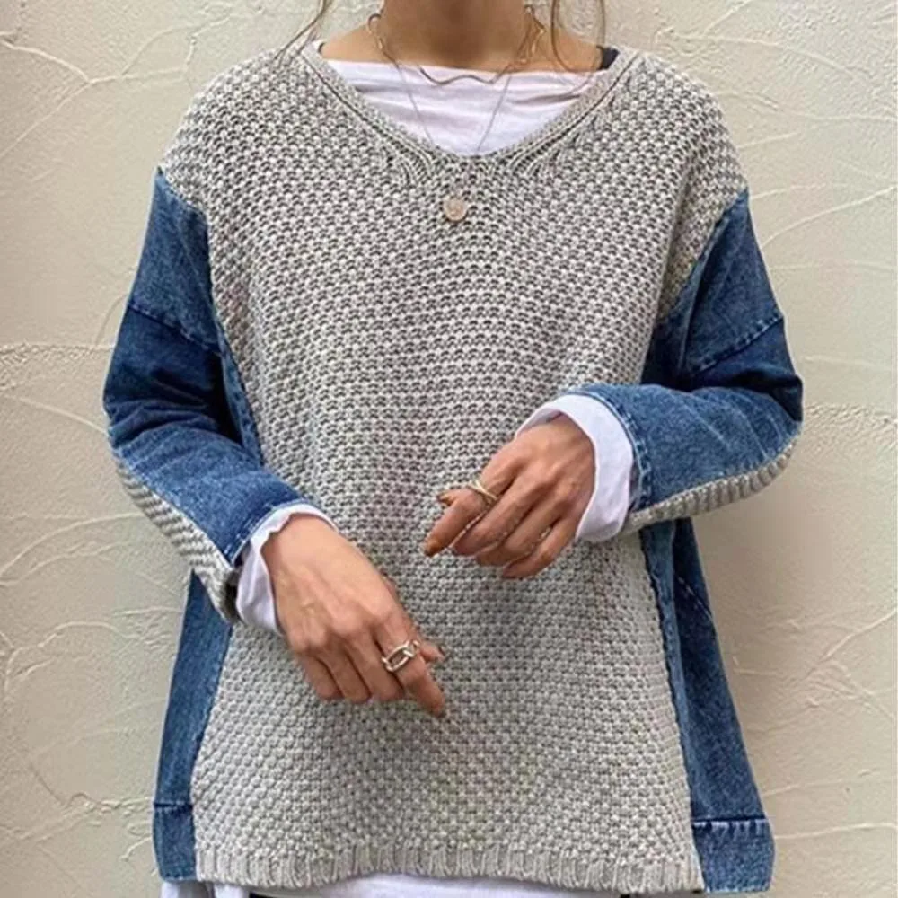 Women's European And American Knitwear Stitching Denim Gray - Shop at LoveMi
