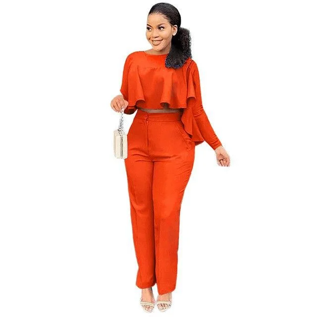 Solid Color Hollow out Long Sleeve High Waist Wide Leg Pants Two piece Set Orange - Shop at LoveMi