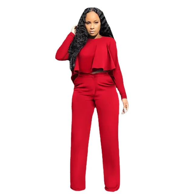 Solid Color Hollow out Long Sleeve High Waist Wide Leg Pants Two piece Set Red - Shop at LoveMi
