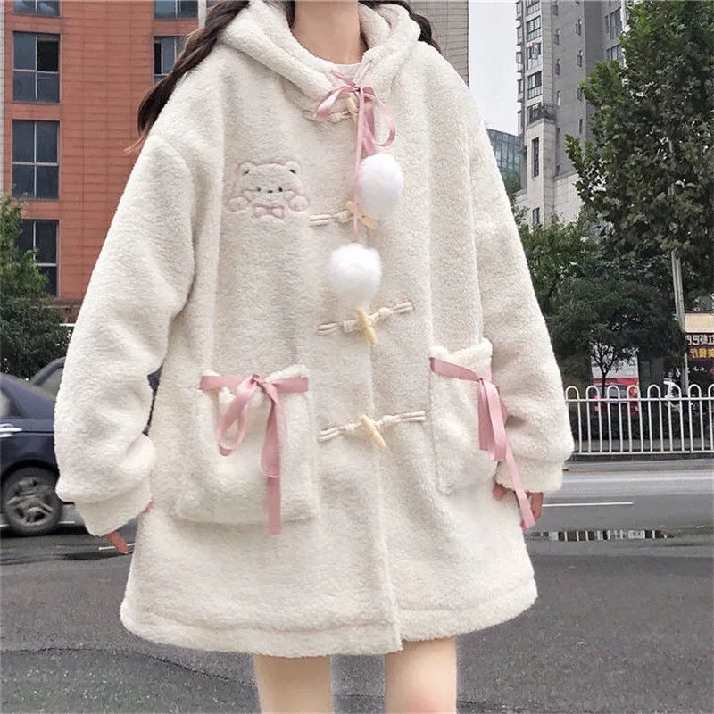 Preppy Style Lovely Soft Cute Cartoon Print Hooded Loose Sweater Schoolgirls' Coat Top Milky White - Shop at LoveMi