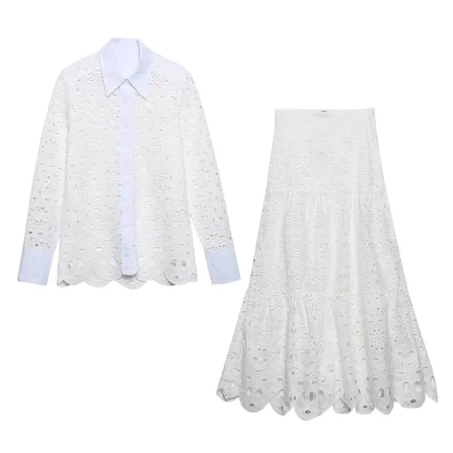 Temperament Leisure Summer New Foreign Trade Embroidery Openwork Blouse Skirt Two piece Suit Fashion Leisure Suit Set - Shop at LoveMi