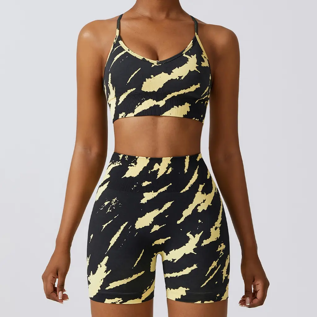 Camouflage Printing Seamless Yoga Suit - Yellow And Black Bra Shorts