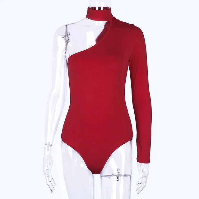 European And American Fashion Halter One shoulder Slim Fit Slim Looking Base Jumpsuit Red - Shop at LoveMi