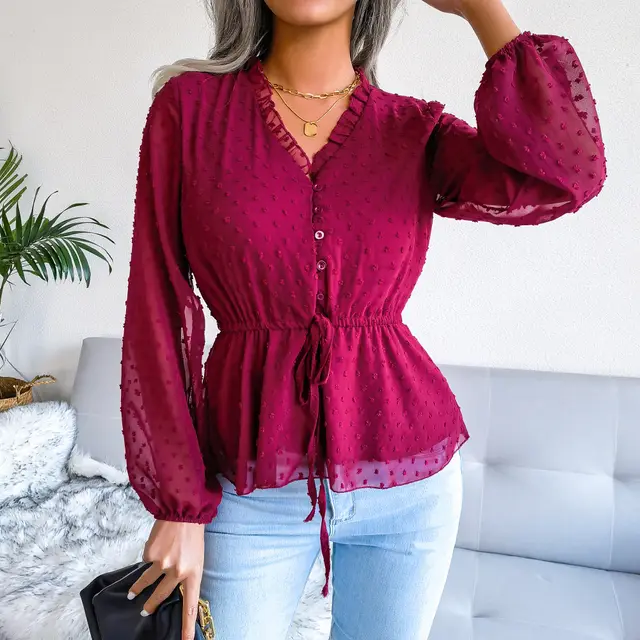 Spring And Summer Lantern Long Sleeve Ruffled Tied Fitted Waist Polka Dots Chiffon Shirt Wine Red - Shop at LoveMi