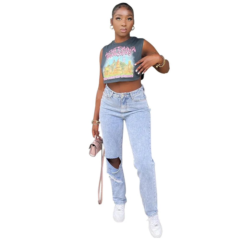 Women's Printed Sleeveless Short T shirt Gray - Shop at LoveMi