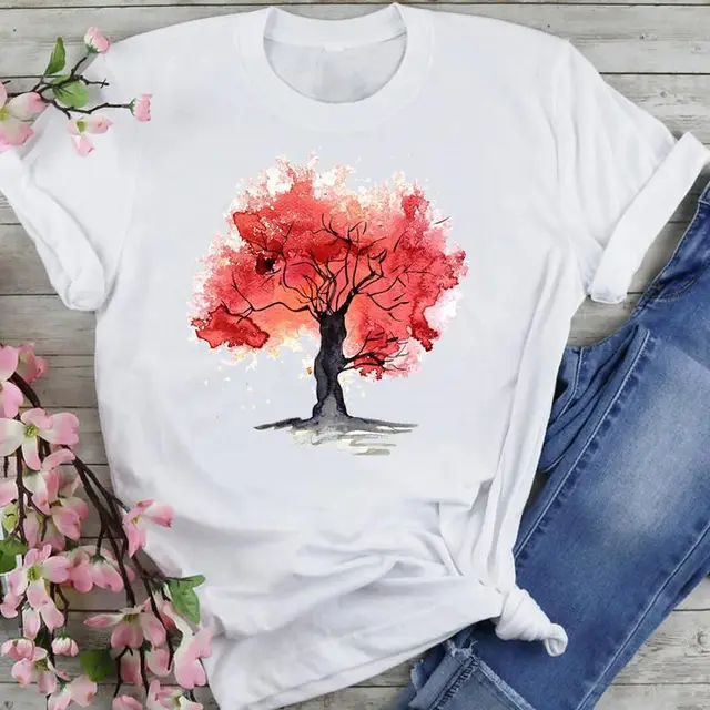T shirt Women's Printed Short Sleeve Datura Flower Floral Print White Round Neck J25611 - Shop at LoveMi