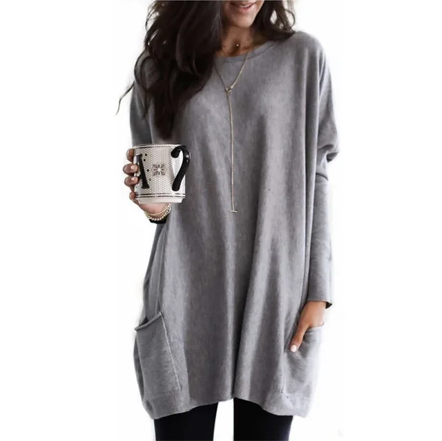 New Autumn Long Sleeve Casual Pocket T shirt Top For Women Gray - Shop at LoveMi