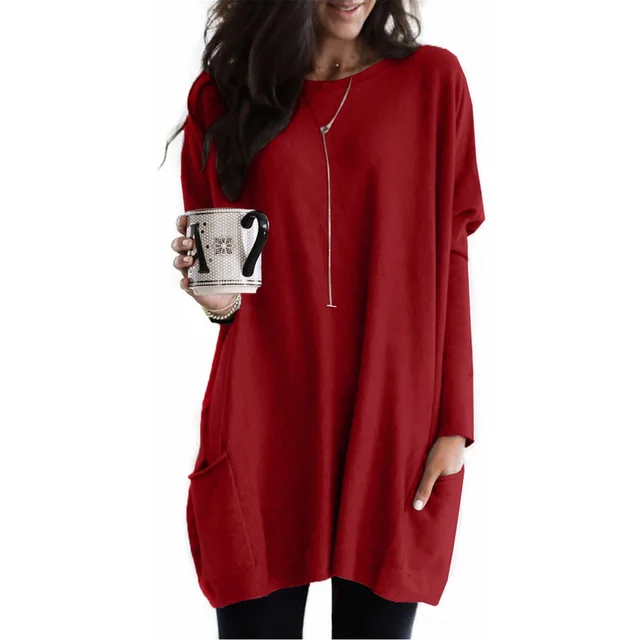 New Autumn Long Sleeve Casual Pocket T shirt Top For Women Red - Shop at LoveMi