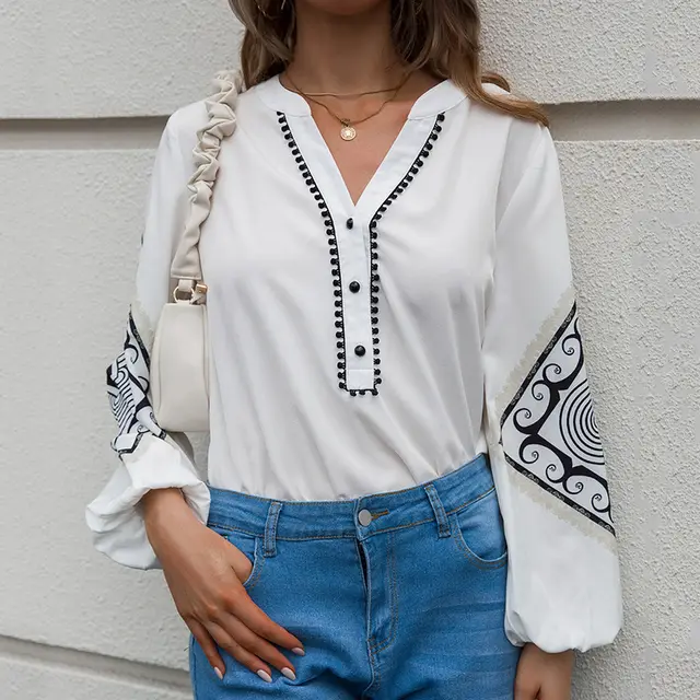 V neck Flared Sleeves Top Single breasted Geometric Printed Loose Long Sleeves White - Shop at LoveMi