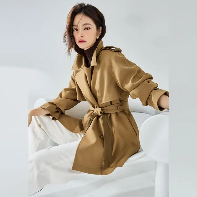 New Casual Elegant Elegant Short Trench Coat Women Khaki - Shop at LoveMi