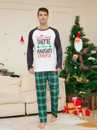 Women's Fashion Green With Letters Plaid Printed Homewear Pajamas Suit - Green