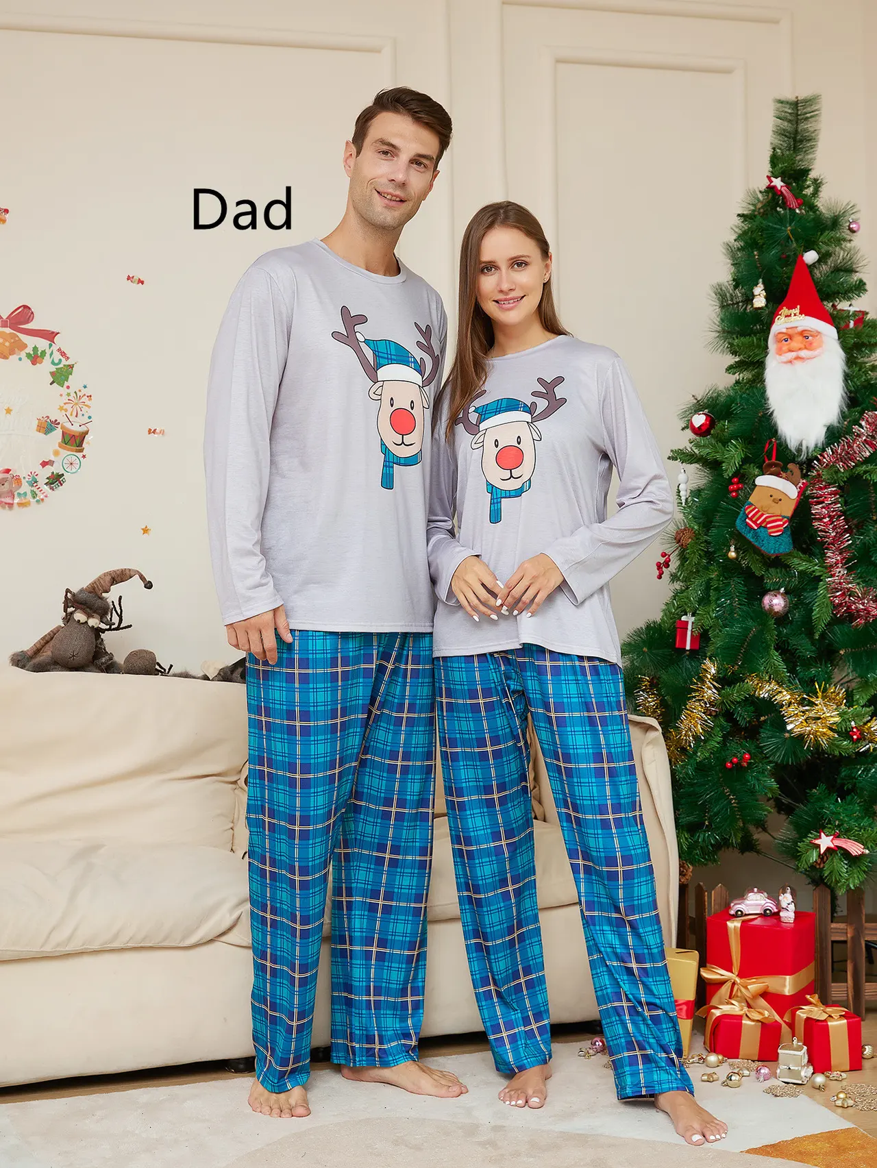 Christmas Cartoon Deer Head Blue Plaid Crew Neck Long Sleeve Pajamas Suit - Blue