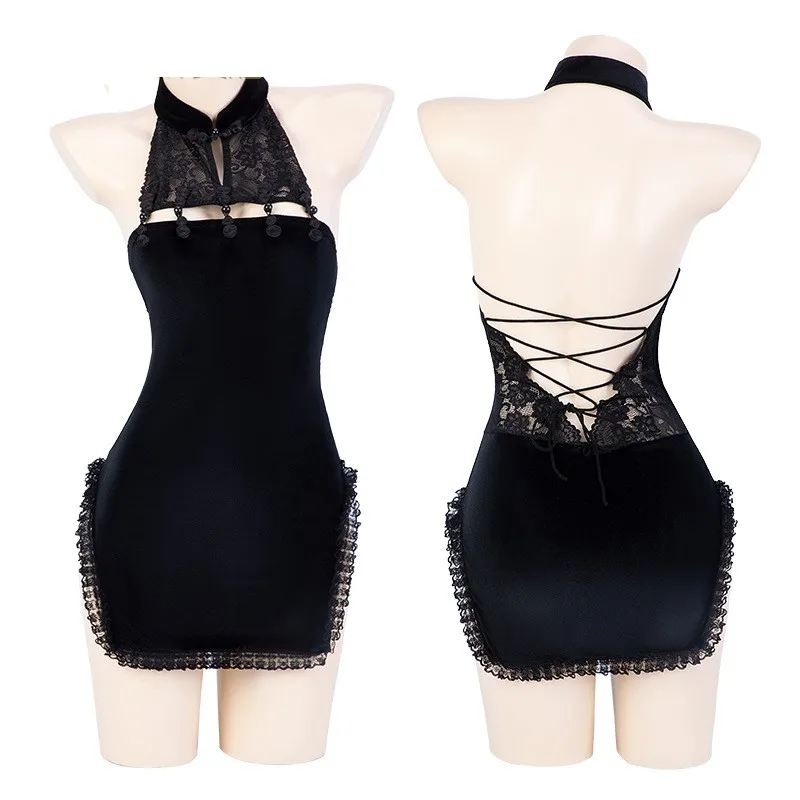 Sexy Lingerie Lace See-through Split Hip Skirt - Black Clothes