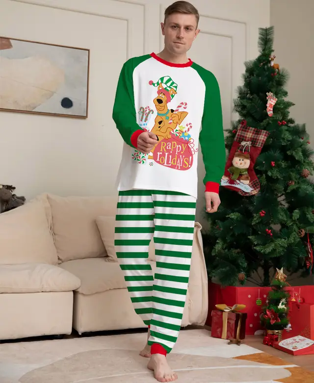 Green Cartoon Striped Printed Long Sleeves Festival Homewear Pajamas - Shop at LoveMi