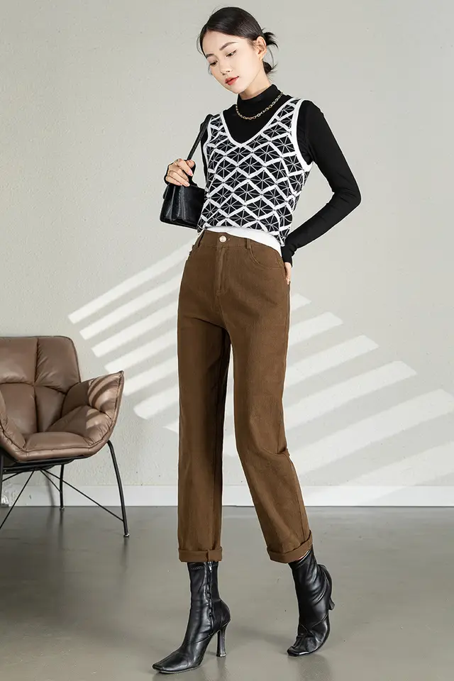 Women's High Waist Nine Minute Straight Turnip Tube Pants Dark Coffee - Shop at LoveMi