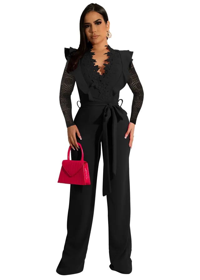 Fashion Business Slim Fit V neck Lace See through Type Jumpsuit 2Xl - Shop at LoveMi