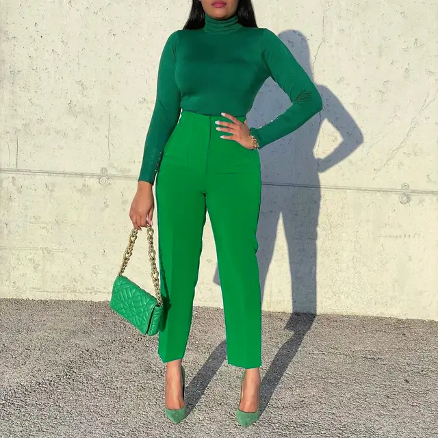 Women's Clothing Plus Size Fashion Temperament Leisure Slimming High Waist Suit Pants Solid Color African Green - Shop at LoveMi