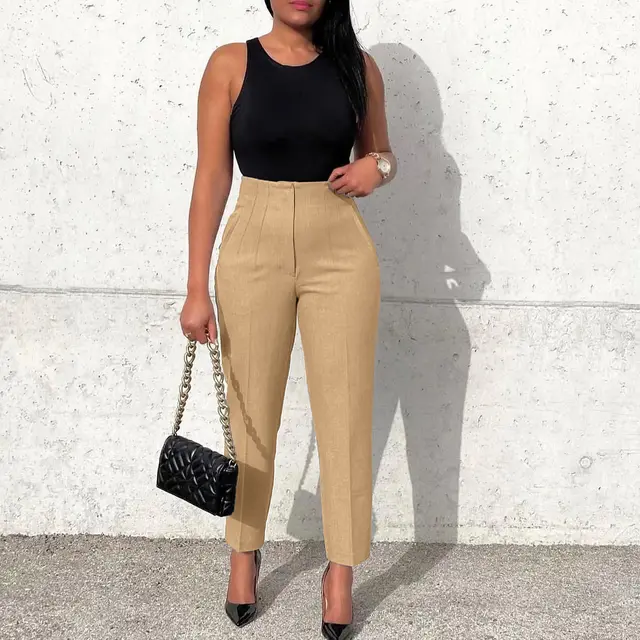 Women's Clothing Plus Size Fashion Temperament Leisure Slimming High Waist Suit Pants Solid Color African Khaki - Shop at LoveMi