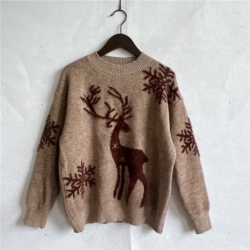 Round Neck Long Sleeve Christmas Sweater Snowflake Deer Jacquard Sweater Coffee - Shop at LoveMi