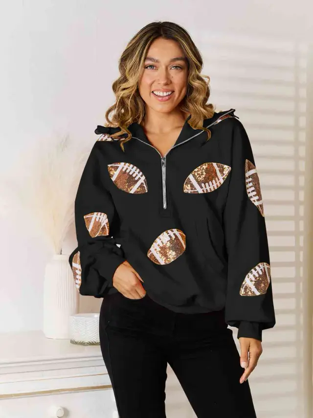 Rugby Sequined Hooded Sweater Zipper Drawstring Long Sleeve Coat Top Black - Shop at LoveMi