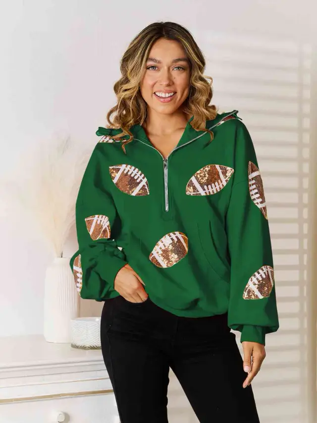 Rugby Sequined Hooded Sweater Zipper Drawstring Long Sleeve Coat Top Green - Shop at LoveMi
