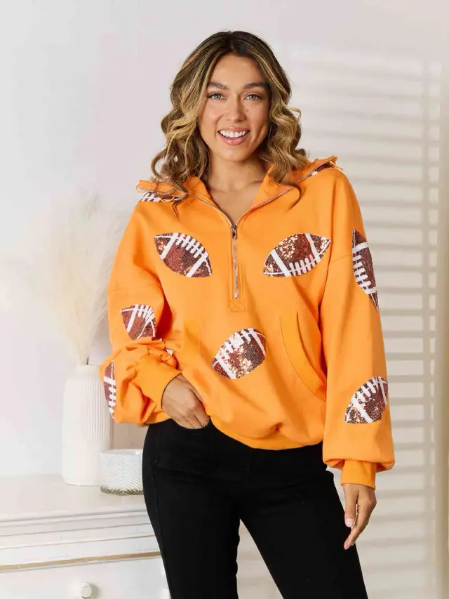 Rugby Sequined Hooded Sweater Zipper Drawstring Long Sleeve Coat Top Orange - Shop at LoveMi