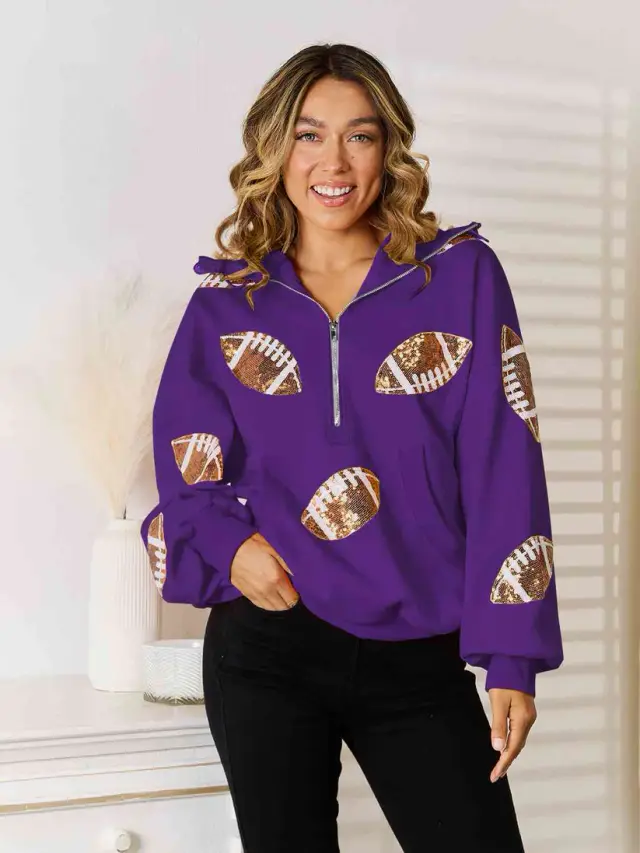 Rugby Sequined Hooded Sweater Zipper Drawstring Long Sleeve Coat Top Purple - Shop at LoveMi
