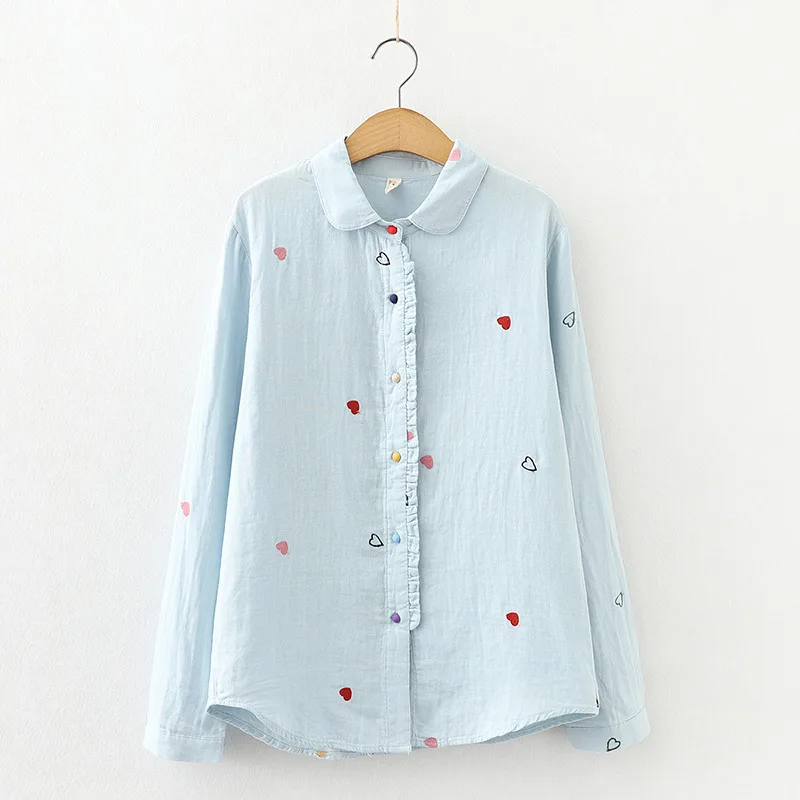 Women's Artistic Double layer Cotton Yarn Doll Collar Printed Long sleeved Shirt Light Blue - Shop at LoveMi