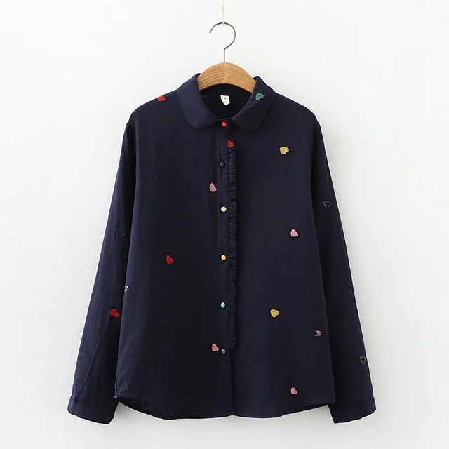 Women's Artistic Double layer Cotton Yarn Doll Collar Printed Long sleeved Shirt Navy Blue - Shop at LoveMi