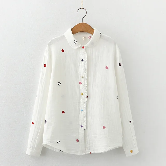 Women's Artistic Double layer Cotton Yarn Doll Collar Printed Long sleeved Shirt White - Shop at LoveMi