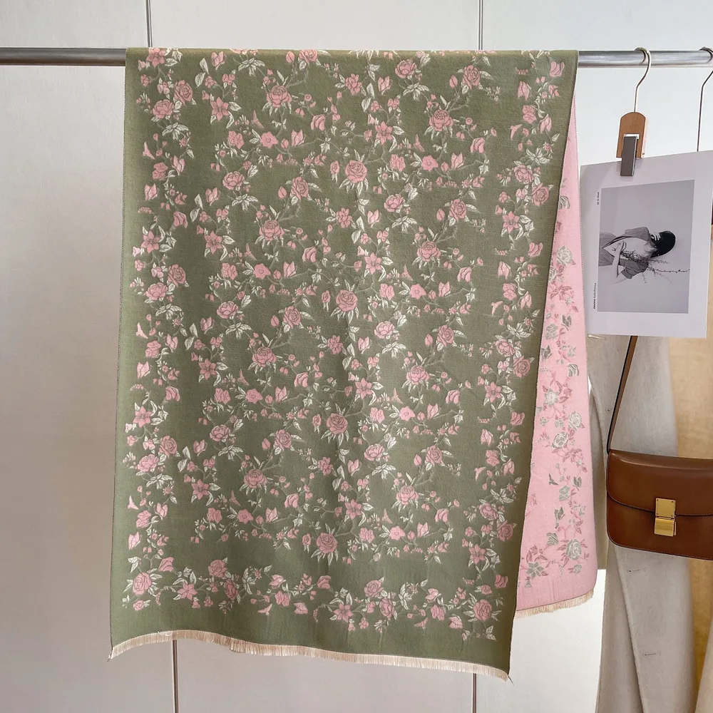 Autumn And Winter Floral Elegant Socialite Style Printed Artificial Cashmere Scarf Green - Shop at LoveMi