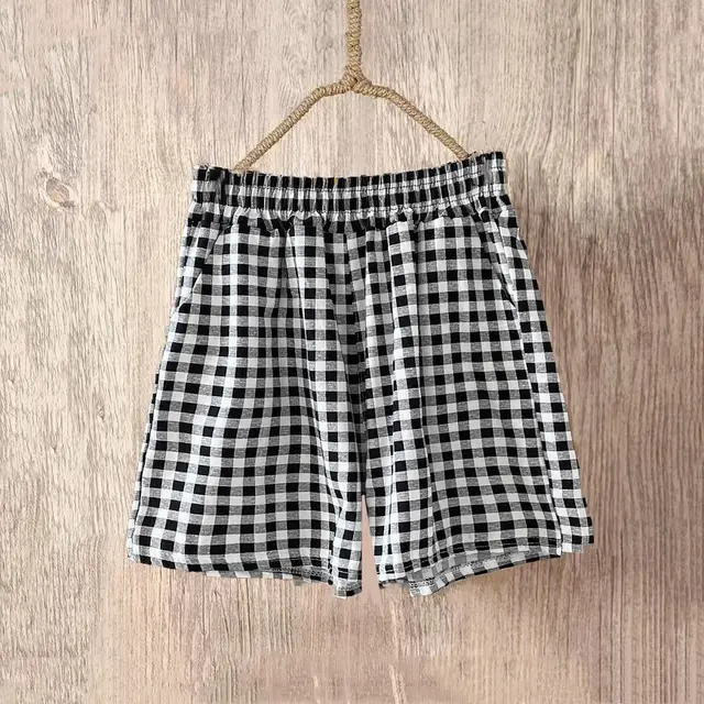 Women's Loose Outer Wear Elastic Waist Casual Cotton Linen Shorts Small Plaid Shorts - Shop at LoveMi