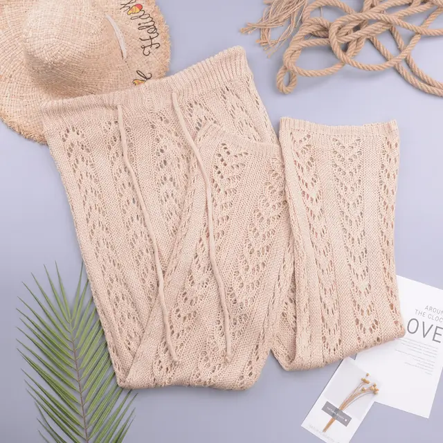 Hollow Hand Crochet Loose Wide Trousers Beach Vacation Style Apricot Beige - Shop at LoveMi