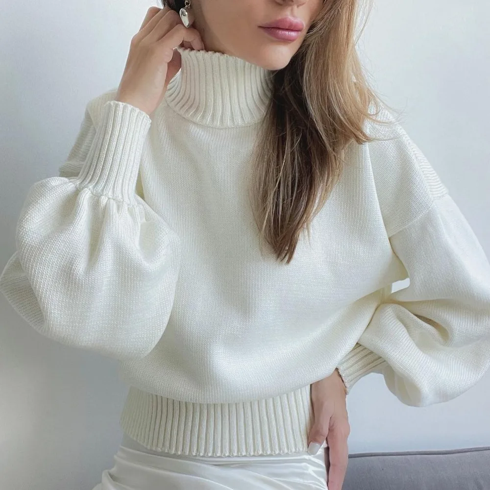 Solid Color Puff Sleeve Turtleneck Fashion Casual Sweater White - Shop at LoveMi