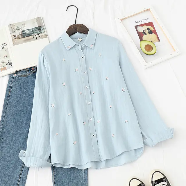 Long Sleeve Inner Wear Shirt Lapel Embroidery Floral All Cotton Base Shirt Light Blue - Shop at LoveMi
