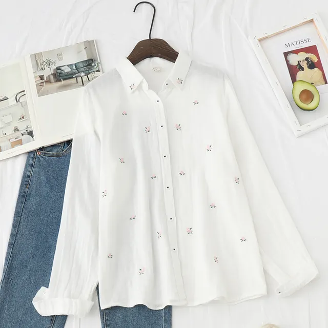 Long Sleeve Inner Wear Shirt Lapel Embroidery Floral All Cotton Base Shirt White - Shop at LoveMi