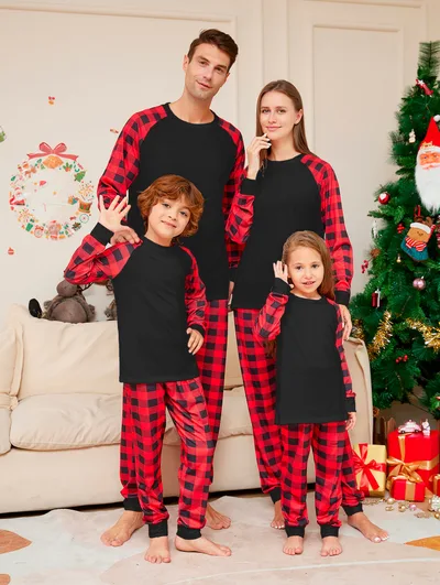 Plaid Printed Parent child Pajamas Pajamas Suit Black - Shop at LoveMi