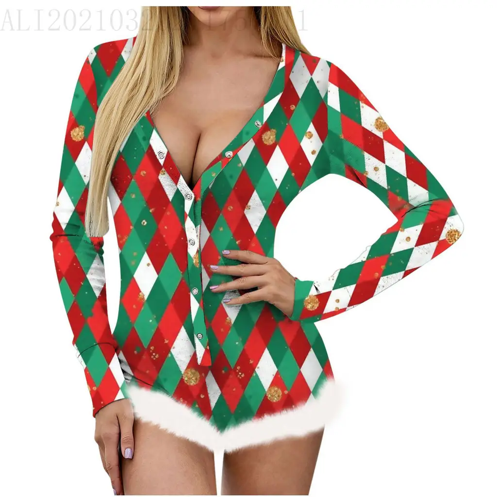 Christmas Women's Top Printed Sexy Long Sleeve V-neck Backless Furry Jumpsuit - Green Rhombus