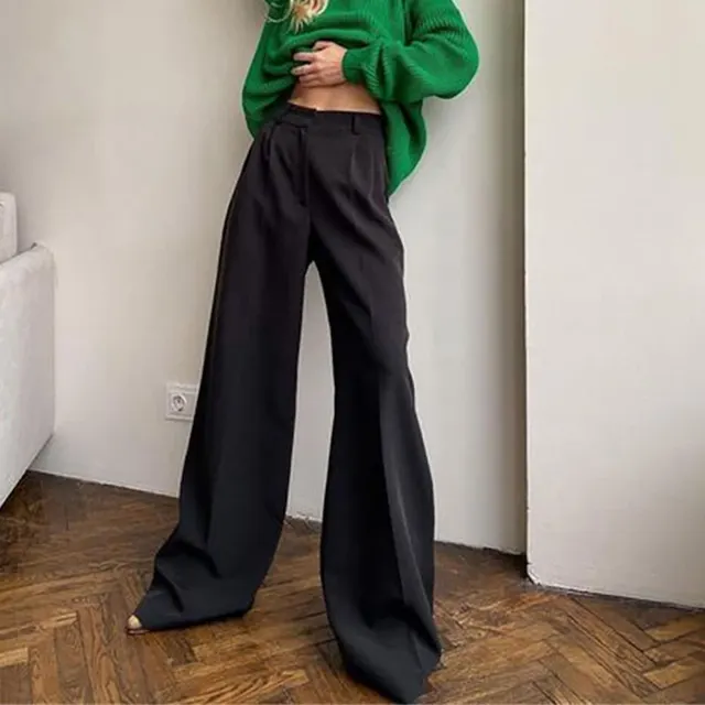 High Waist Straight Casual Pants - Black
