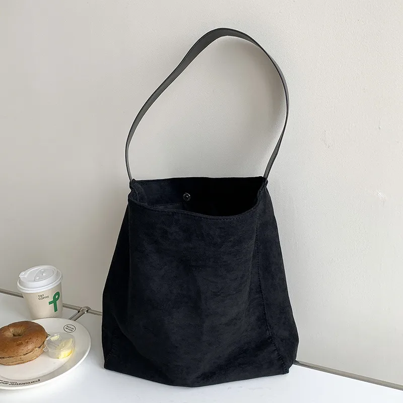 Large Capacity Autumn And Winter Frosted Tote Vintage Suede Shoulder Bag Black - Shop at LoveMi